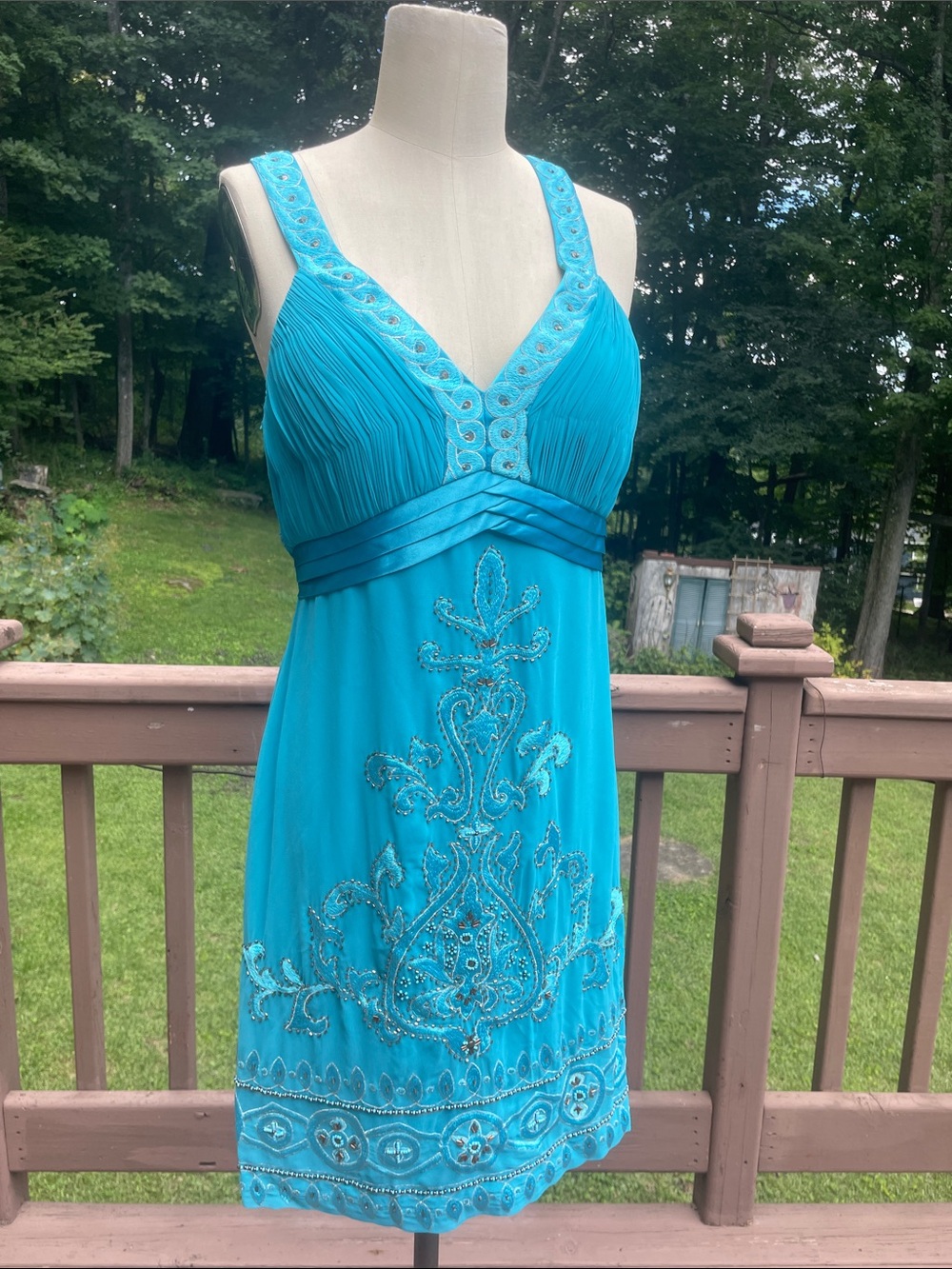 Sue Wong Turquoise Beaded V-Neck Mini Dress